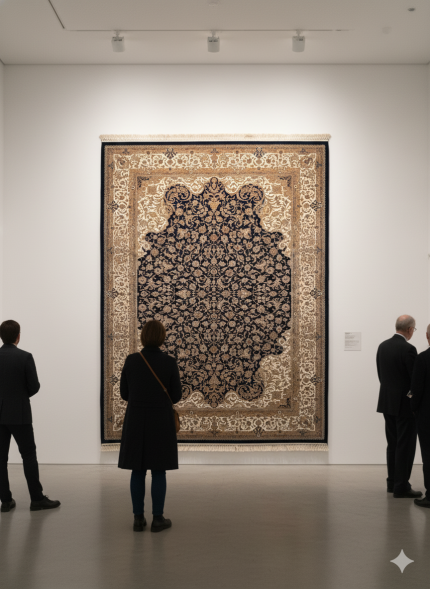 Black and Beige Silk Persian Rug Royal Pattern 7 x 9
