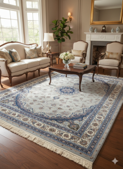 Gray and Blue Silk Persian Rug Espadana Pattern 7 x 9