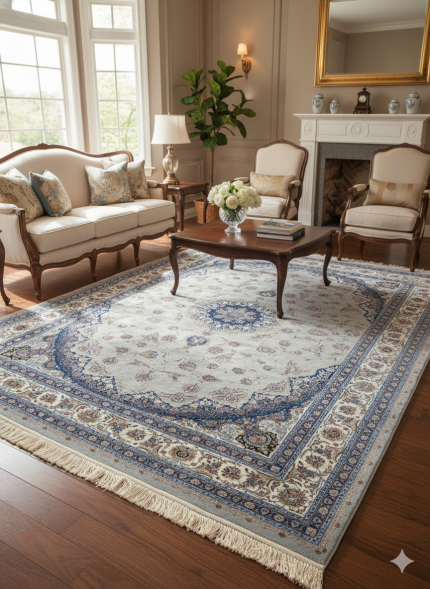 Gray and Blue Silk Persian Rug Espadana Pattern 7 x 9