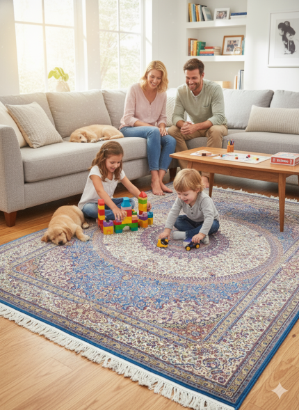 Blue and Beige Silk Persian Rug Golestan Pattern 5 x 8