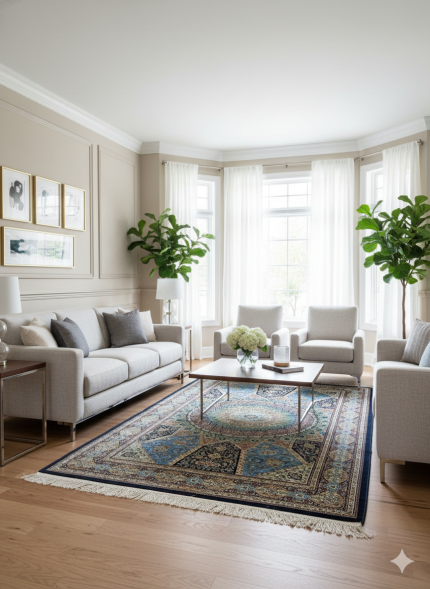 Black and Blue Silk Persian Rug Elham Pattern 4 x 6