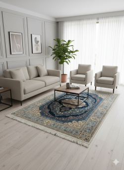 Blue and Beige Silk Persian Rug Shah Abbas Pattern 5 x 8