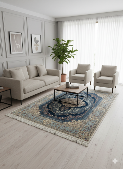 Blue and Beige Silk Persian Rug Shah Abbas Pattern 5 x 8