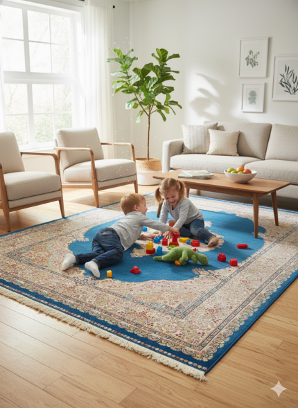 Blue and Pink Silk Persian Rug Faraz Pattern 7 x 9