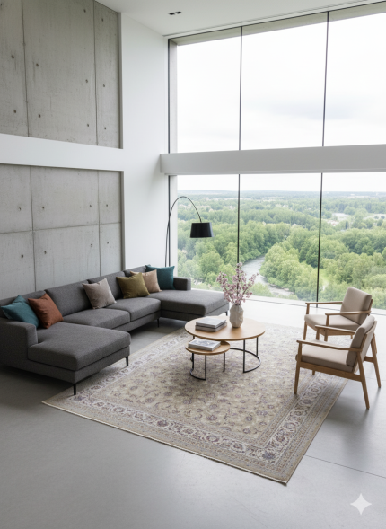 Beige and White Silk Persian Rug Afshan Pattern 7 x 9