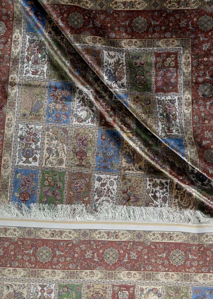 Green and Brown Silk Persian Rug Tile Pattern 7 x 9