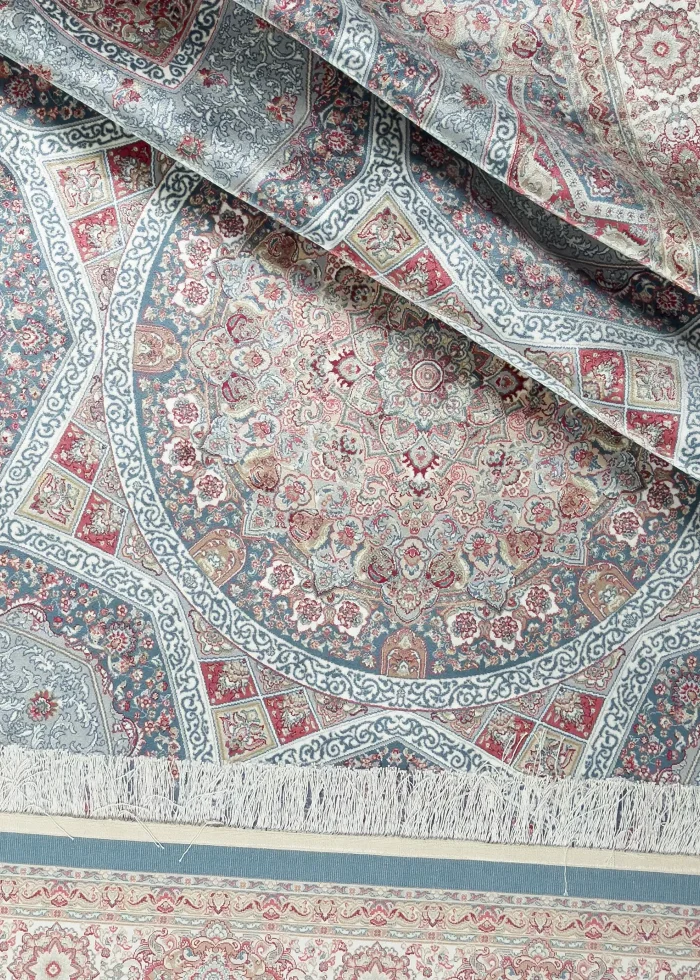 Blue and Pink Silk Persian Rug Elham Pattern 5 x 8