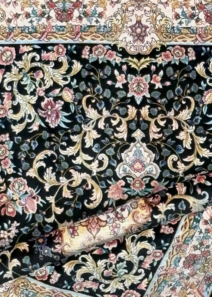 Black and Pink Silk Persian Rug Mahoor Pattern 3 x 4