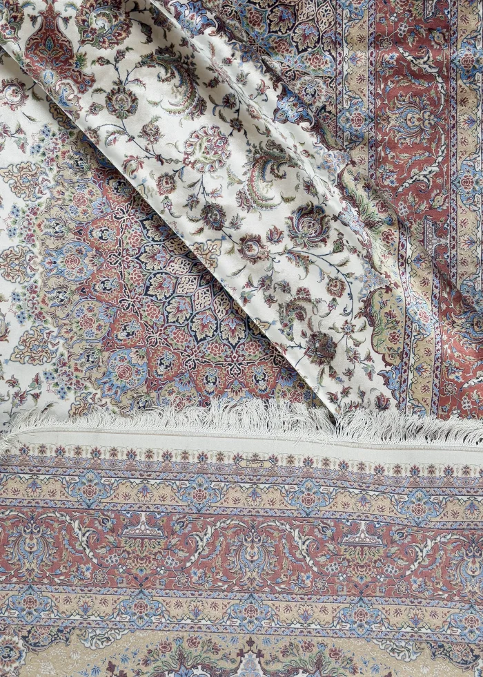 Beige and Red Silk Persian Rug Shah Abbasi 8 x 10