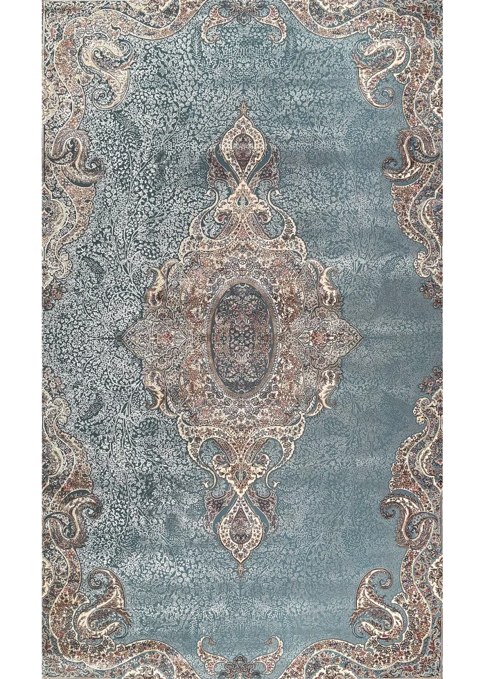 Blue and Beige Silk Persian Rug Faraz Pattern 7 x 9