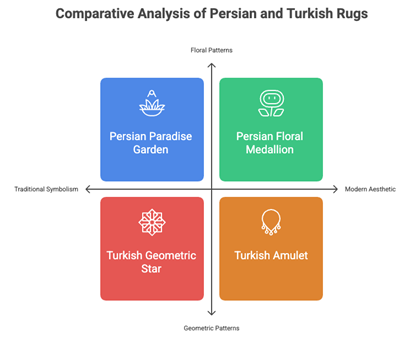 Persian Rug vs Turkish Rug A comparison chart of Persian style rugs vs. Turkish rugs, highlighting origins, patterns, knots, and modern uses. The infographic shows a Persian floral medallion and a Turkish geometric star.