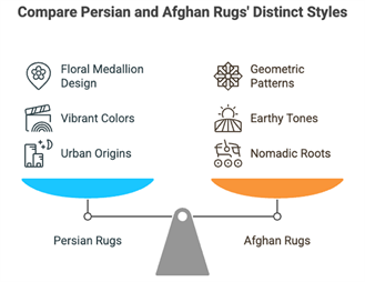 Persian Rugs vs Afghan Rugs: Unraveling the Artistry of Two Timeless Traditions Infographic by Afra Rugs comparing Persian style rugs and Afghan rugs.