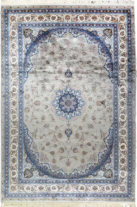 Antique Persian Area Rugs: A Tapestry of History and Art Gray and Blue Silk Persian Rug Espadana Pattern. Photo by Afra Rugs