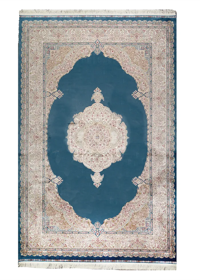 How to Choose and Place the Perfect Rug for Your Living Room Blue and Beige Silk Persian Rug Faraz Pattern 7 x 9 from our Large Area Rugs Collection.