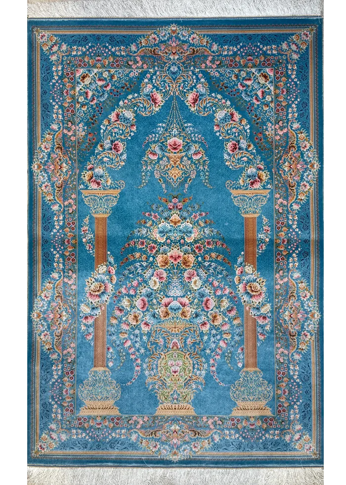 Blue and Pink Persian Rug Mehrab Pattern 3 x 5