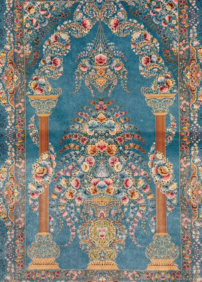 Blue and Pink Persian Rug Mehrab Pattern 3 x 5 - Image 3