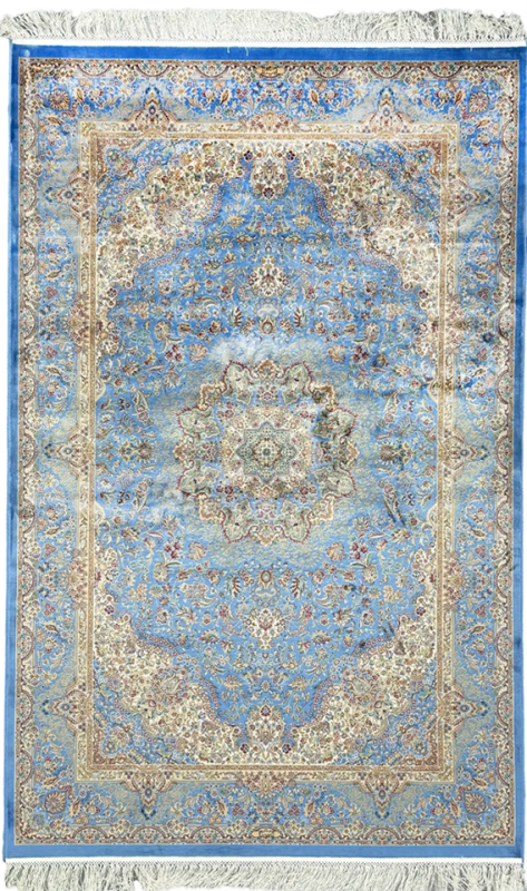 Kashan Persian Rugs : A Kashan Persian rug with a blue and ivory large medallion design. Courtesy of Afra Rugs, Blue Silk Persian Rug Heaven Pattern