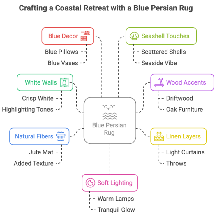 Why a Blue Persian Rug Defines Coastal Interior Design Infographic: Guide to Crafting a Coastal Retreat with a blue Persian rug, featuring texture and color tips, by Afra Rugs.