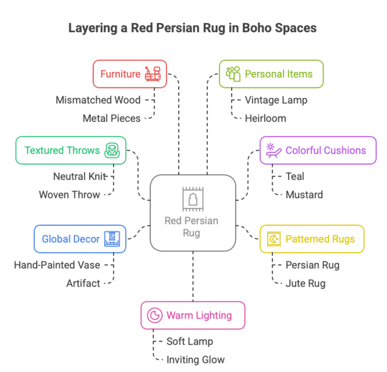 How a Red Persian Rug Enhances Bohemian Interior Design? Caption: Infographic: Guide to Layering a red Persian rug in Boho Spaces, offering texture and color tips, by Afra Rugs.