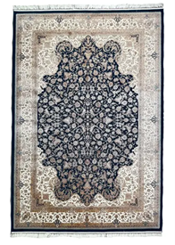 Beauty of a Floral Area Persian Rug: History & Art A black and beige floral area Persian rug with Royal pattern, featuring intricate floral details. Courtesy of Afra Rugs, https://afrarugs.com/product/black-and-beige-silk-persian-rug-royal-pattern-7-x-9/.
