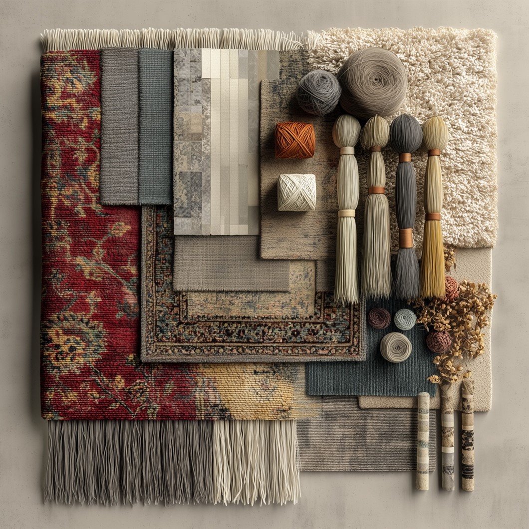 How Persian Rugs Are Made: Art and Tradition A mood board showing the materials of a Persian Style Rug, with colorful threads, tassels, and a red rug sample. Image courtesy of Afra Rugs.