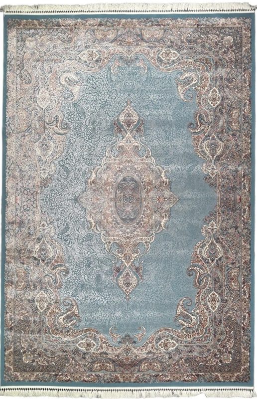 Kashan Persian Rugs A silk Persian rug in blue and beige with intricate Kashan-inspired patterns. Courtesy of Afra Rugs, Blue and Beige Silk Persian Rug Faraz Pattern.