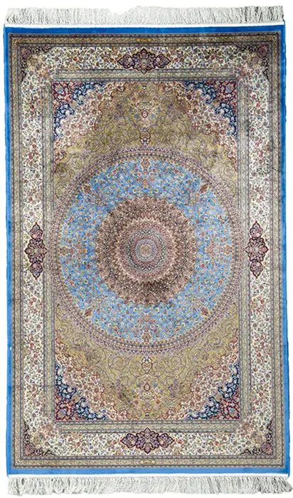 What Is an Oushak Rug? A Timeless Treasure Beige and Blue Silk Persian Rug Golestan Pattern 4 x 6. Photo by Afra Rugs