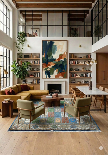 Green and Beige Persian Rug Tile Pattern 7 x 7