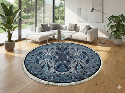 Navy Blue and Blue Round Persian Rug Horizon Pattern 5 x 5