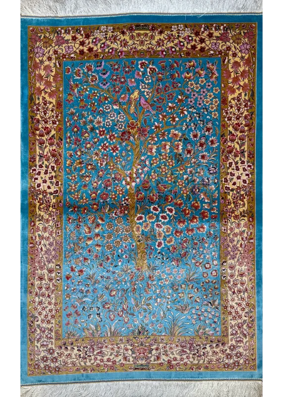 Blue and Beige Persian Rug Bird Garden Pattern 3 x 5