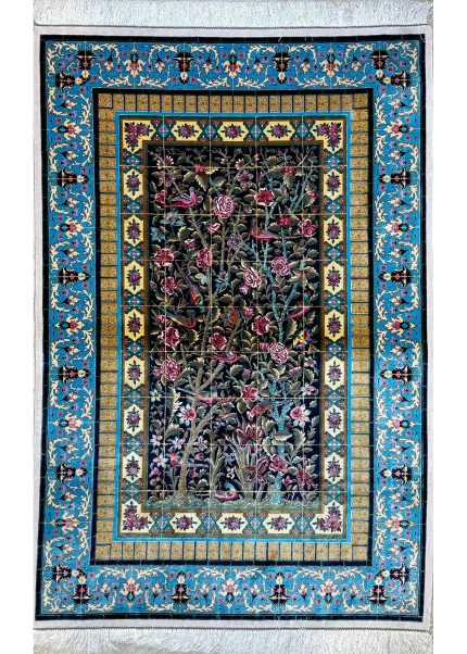 Black and Blue Persian Rug Bird Garden Pattern 3 x 5