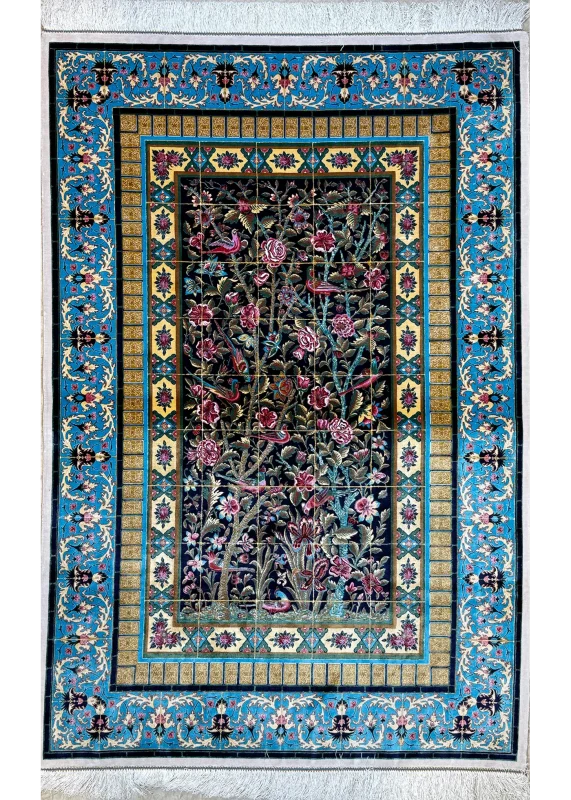 Black and Blue Persian Rug Bird Garden Pattern 3 x 5