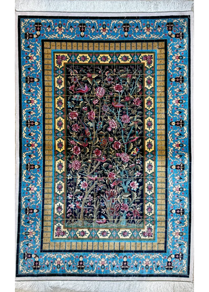 Black and Blue Persian Rug Bird Garden Pattern 3 x 5
