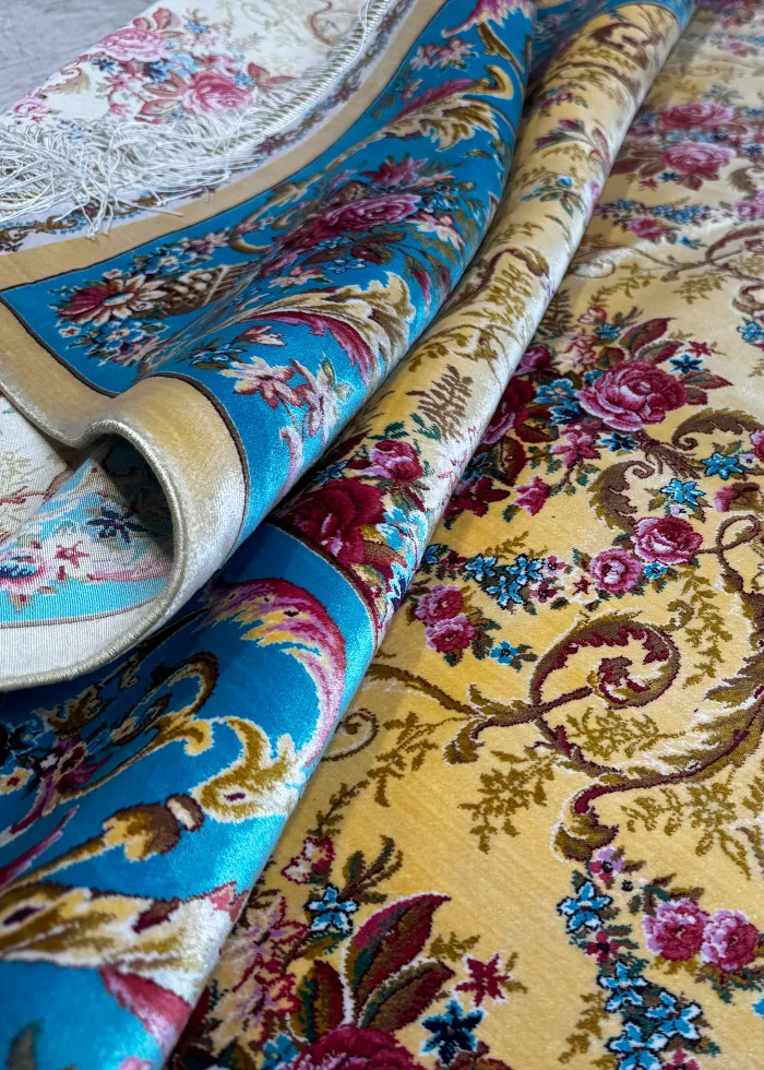 Yellow and Blue Persian Rug Rose Pattern 5 x 8 - Image 8