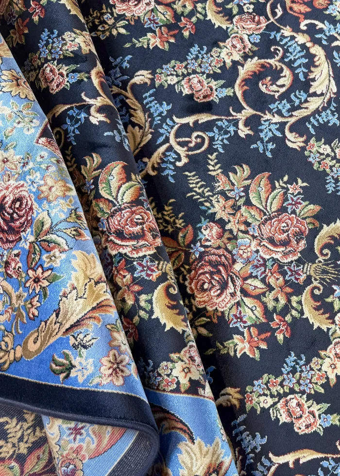 Navy Blue and Blue Persian Rug Rose Pattern 8 x 10 - Image 4