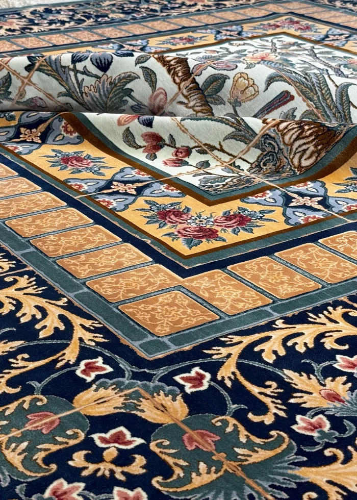 Blue and Beige Persian Rug Bird Garden Pattern 7 x 7 - Image 4