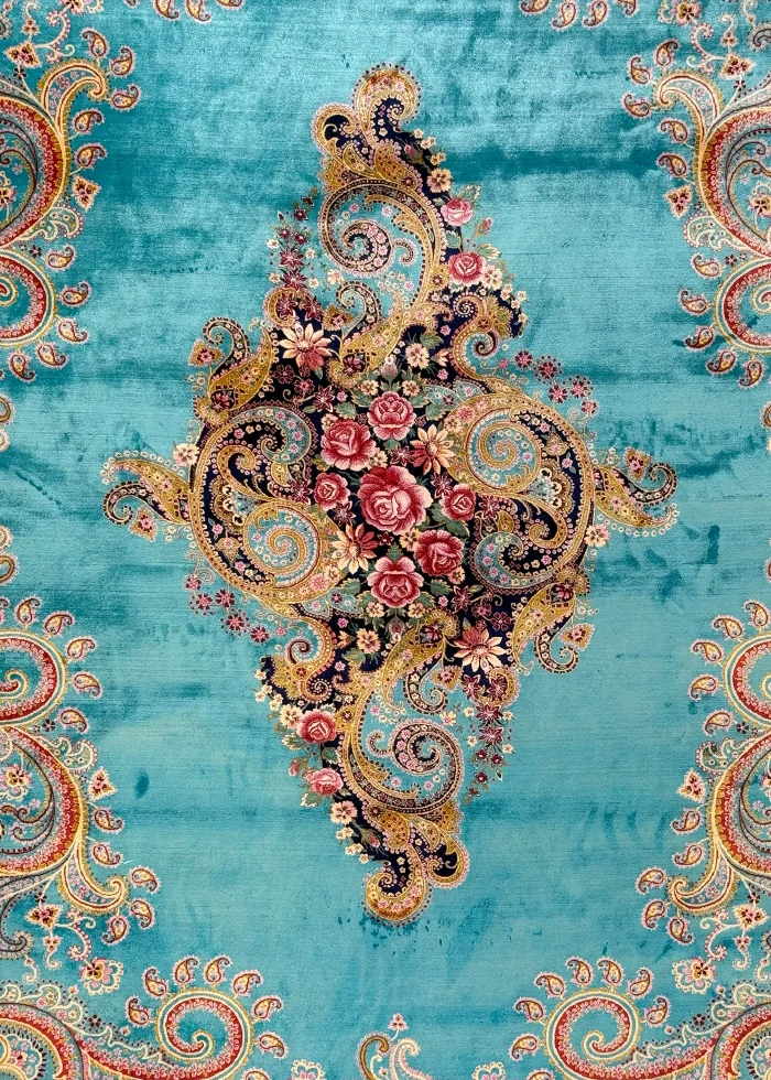 Blue and Pink Persian Rug Paisley Pattern 7 x 9 - Image 2