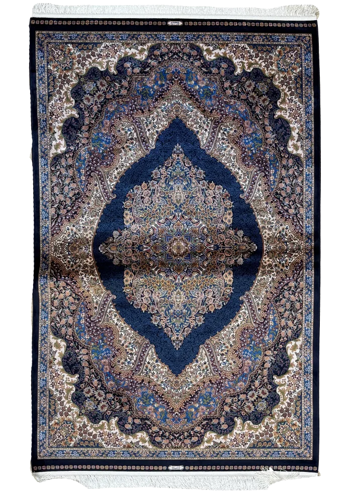 Navy Blue and Beige Persian Rug Flame Pattern 4 x 6