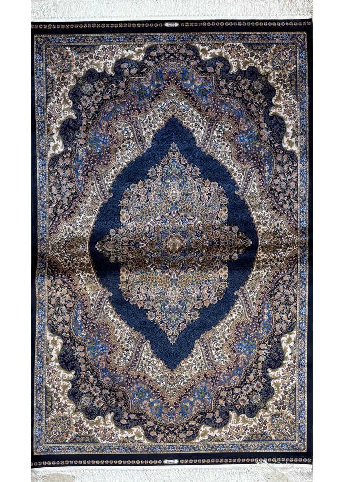 Navy Blue and Beige Persian Rug Flame Pattern 4 x 6
