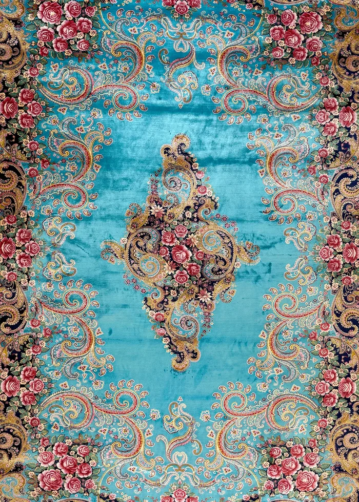 Blue and Pink Persian Rug Paisley Pattern 7 x 9 - Image 3