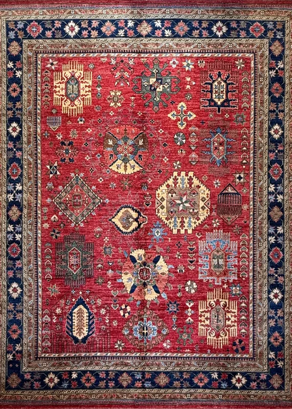 Red and Navy Blue Wool Persian Rug Qashqai Pattern 8 x 10