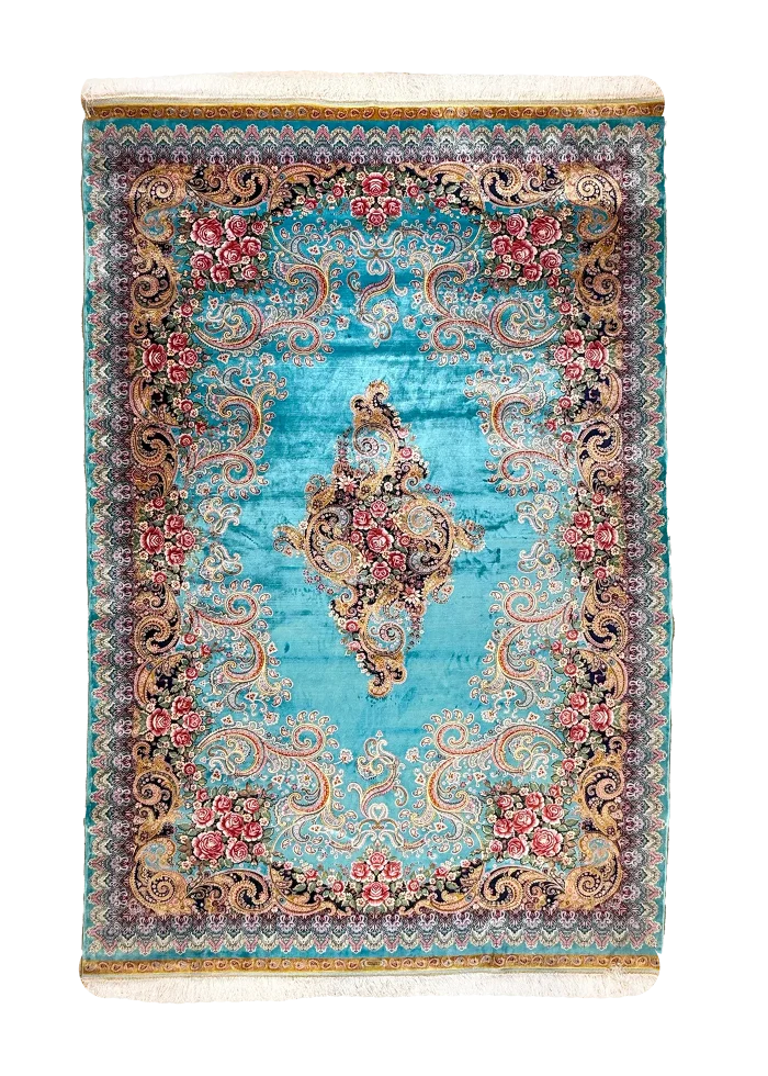 Blue and Pink Persian Rug Paisley Pattern 7 x 9