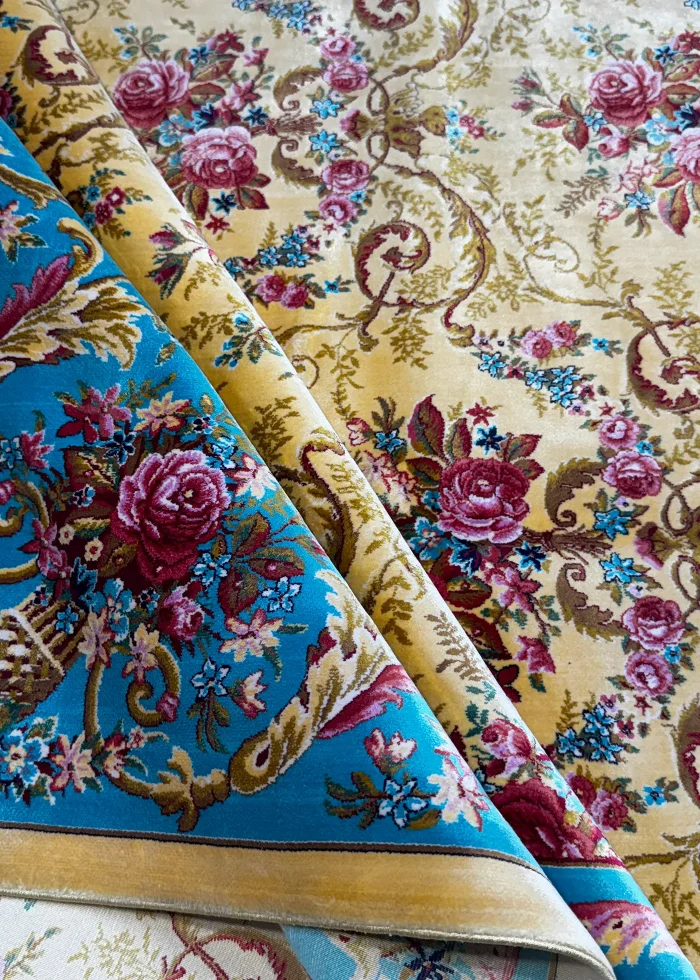 Yellow and Blue Persian Rug Rose Pattern 5 x 8 - Image 6