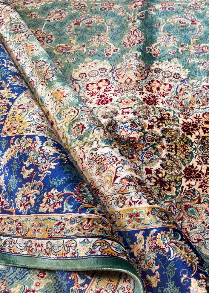 Green and Navy Blue Persian Rug Shah Abbasi Pattern 5 x 8 - Image 7