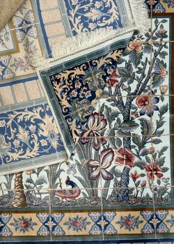 Blue and Beige Persian Rug Bird Garden Pattern 7 x 7 - Image 5