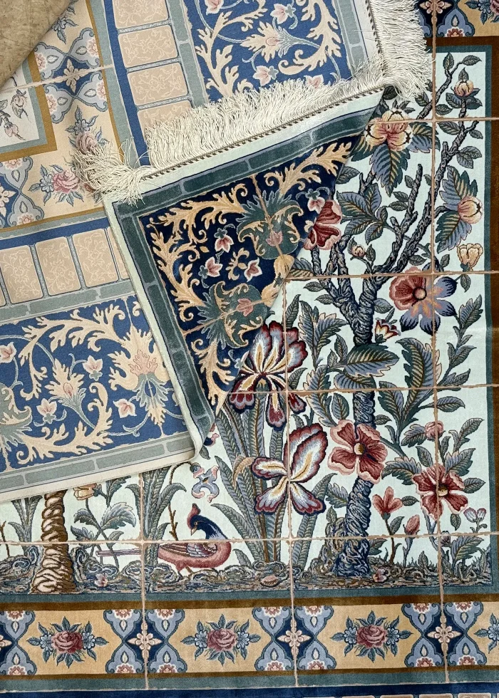 Blue and Beige Persian Rug Bird Garden Pattern 7 x 7 - Image 5