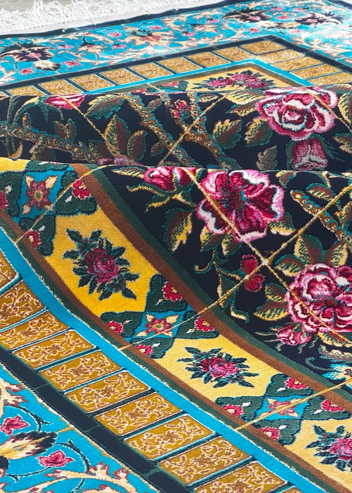 Black and Blue Persian Rug Bird Garden Pattern 3 x 5
