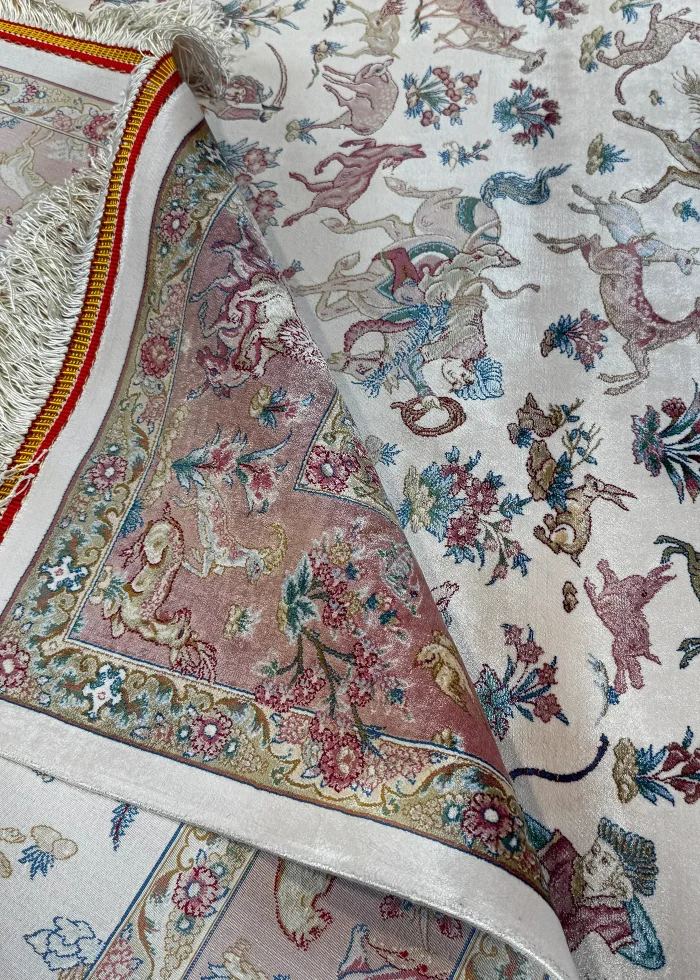 Beige and White Persian Rug Hunting Pattern 4 x 6 - Image 7