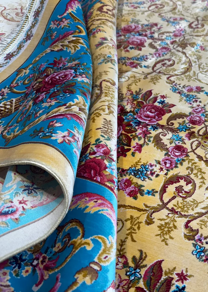 Yellow and Blue Persian Rug Rose Pattern 5 x 8 - Image 7