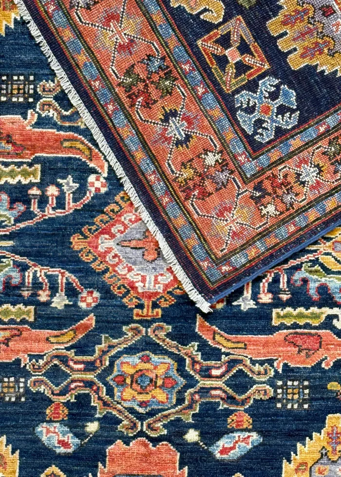 Navy Blue and Orange Wool Persian Rug Qashqai Pattern 4 x 6 - Image 5